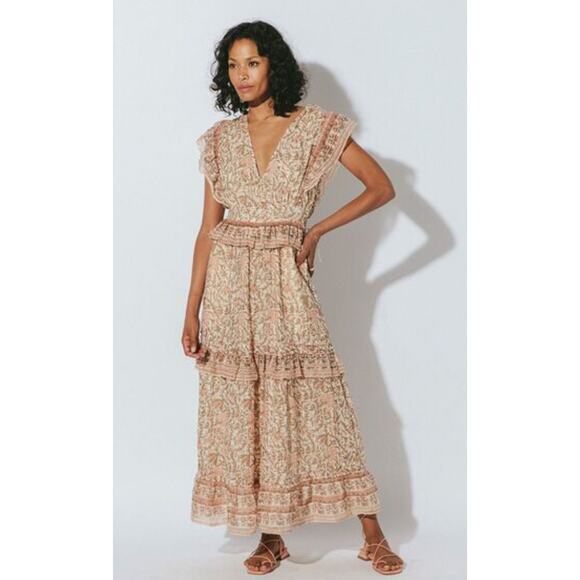 Cleobella Cherie Ankle Pink Brown Tiered Midi Dainty Ruffle dress zinnia Large - Picture 2 of 6